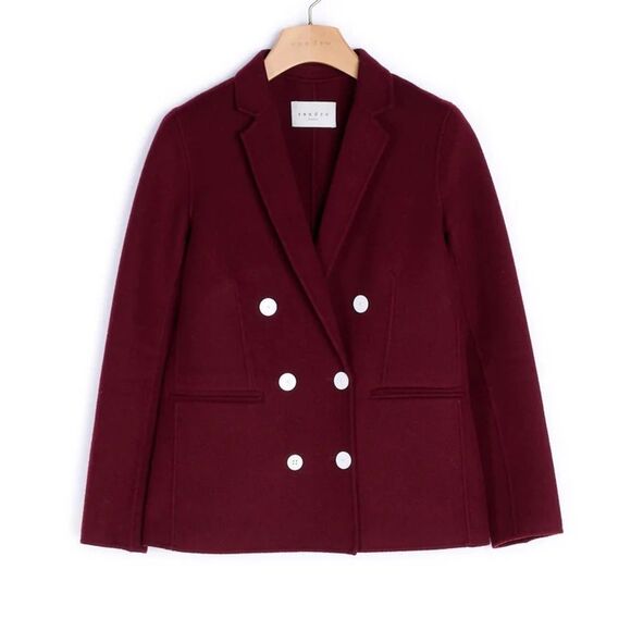 SANDRO Vania Double-Breasted Jacket Women’s Burgundy Wool Sz 38 NWT Retail $695 - Picture 1 of 14